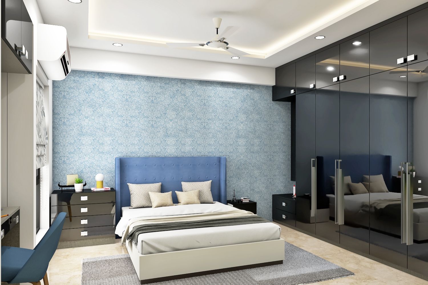 Modern Master Bedroom Design With Blue And White Damask Wallpaper
