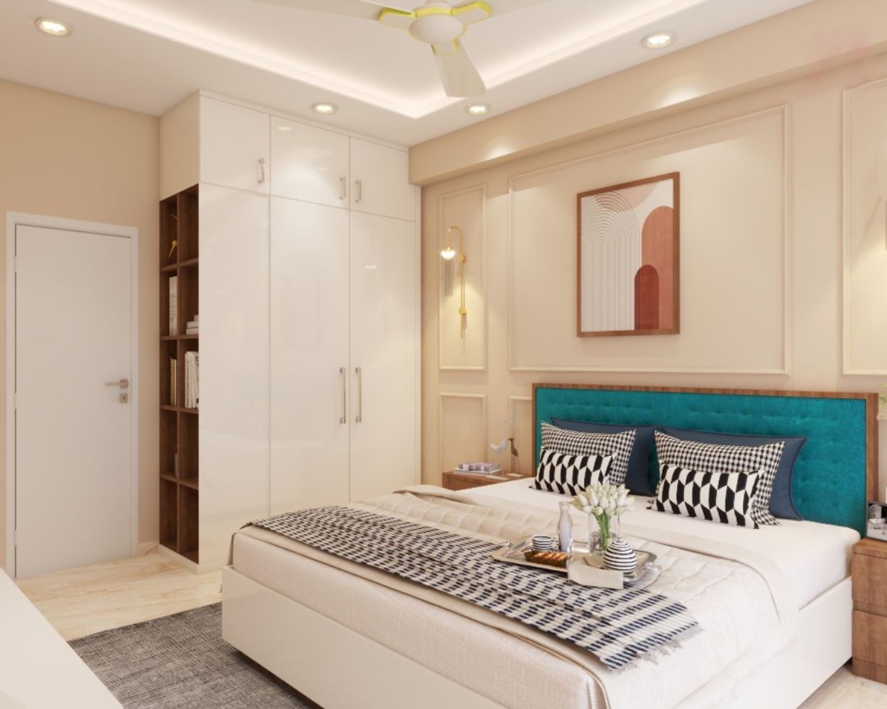 Modern Master Bedroom Design With Queen Sized Bed And Blue Tufted Headboard