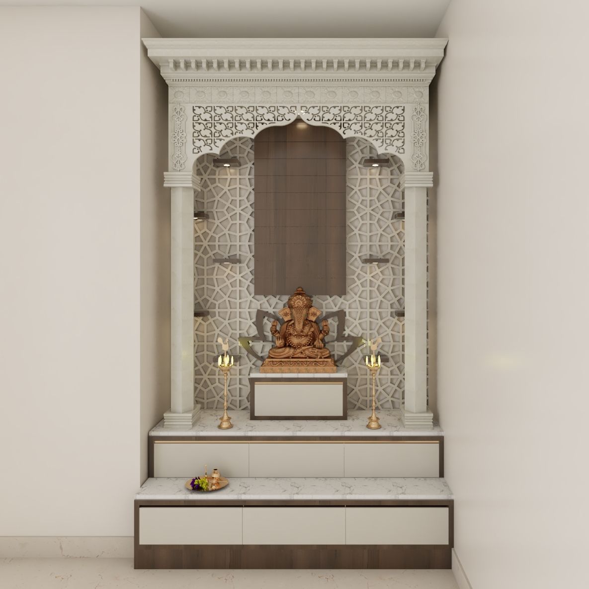Traditional Floor-Mounted Pooja Room Design With CNC Cut Wall And White Panels