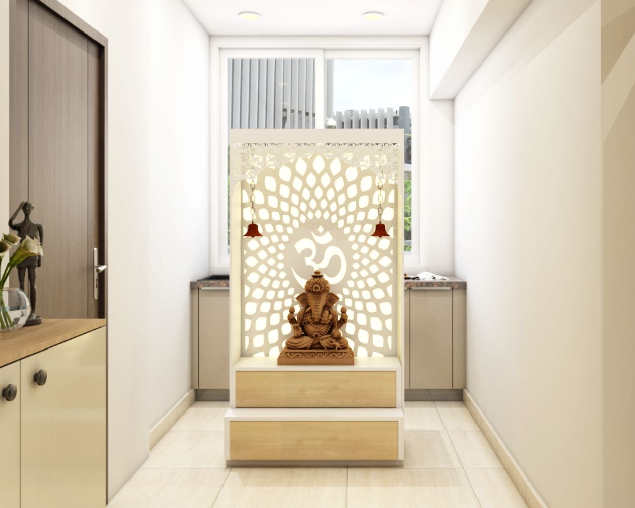 Modern Floor-Mounted Pooja Unit Design With Om Mandala Wall