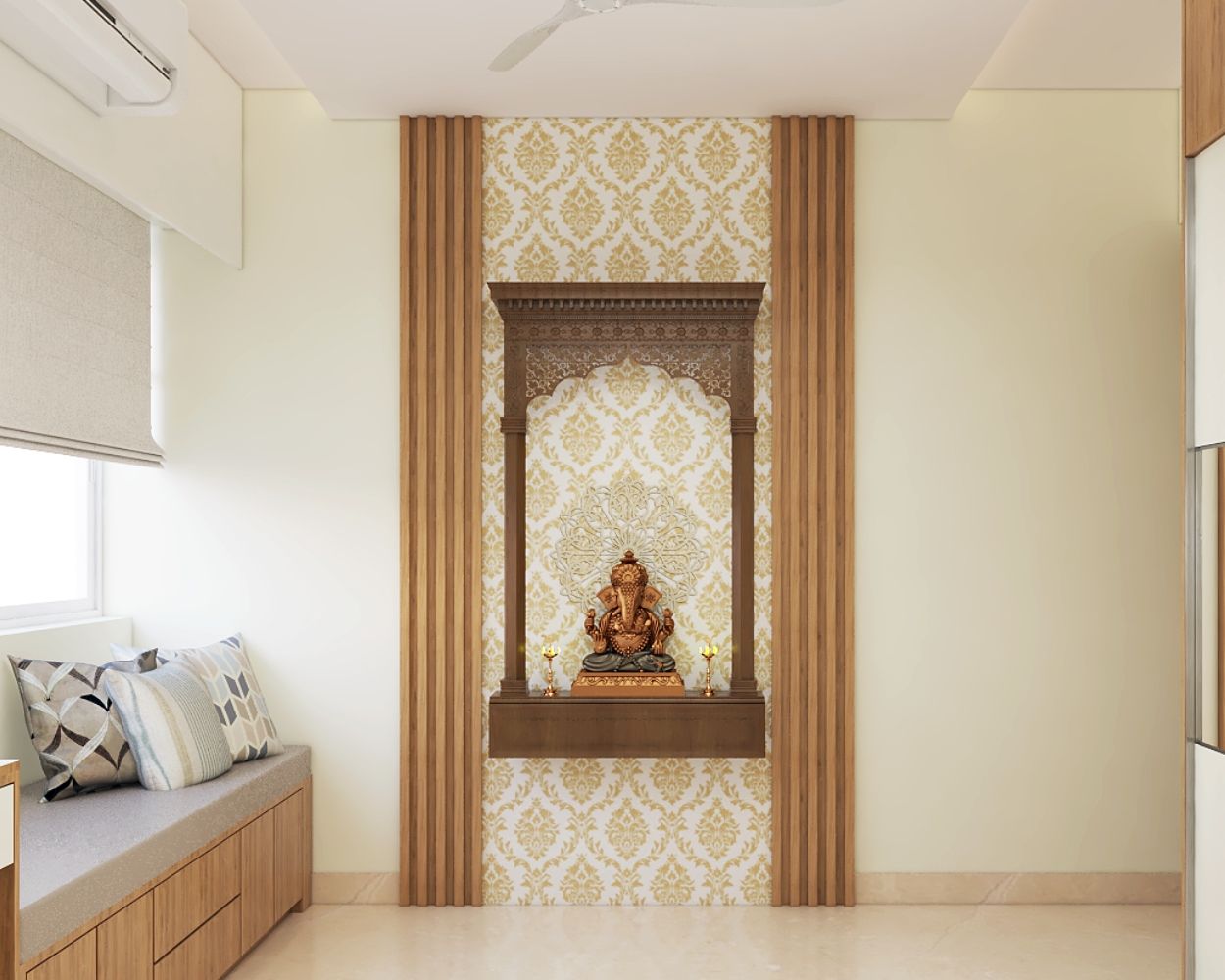 Traditional Walnut Toned Pooja Room Design With Damask Wallpaper