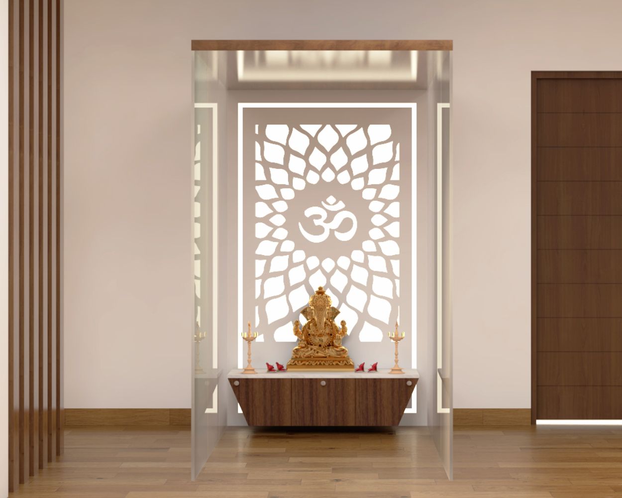 Contemporary Walnut Toned Mandir Design With Om Mandala Wall