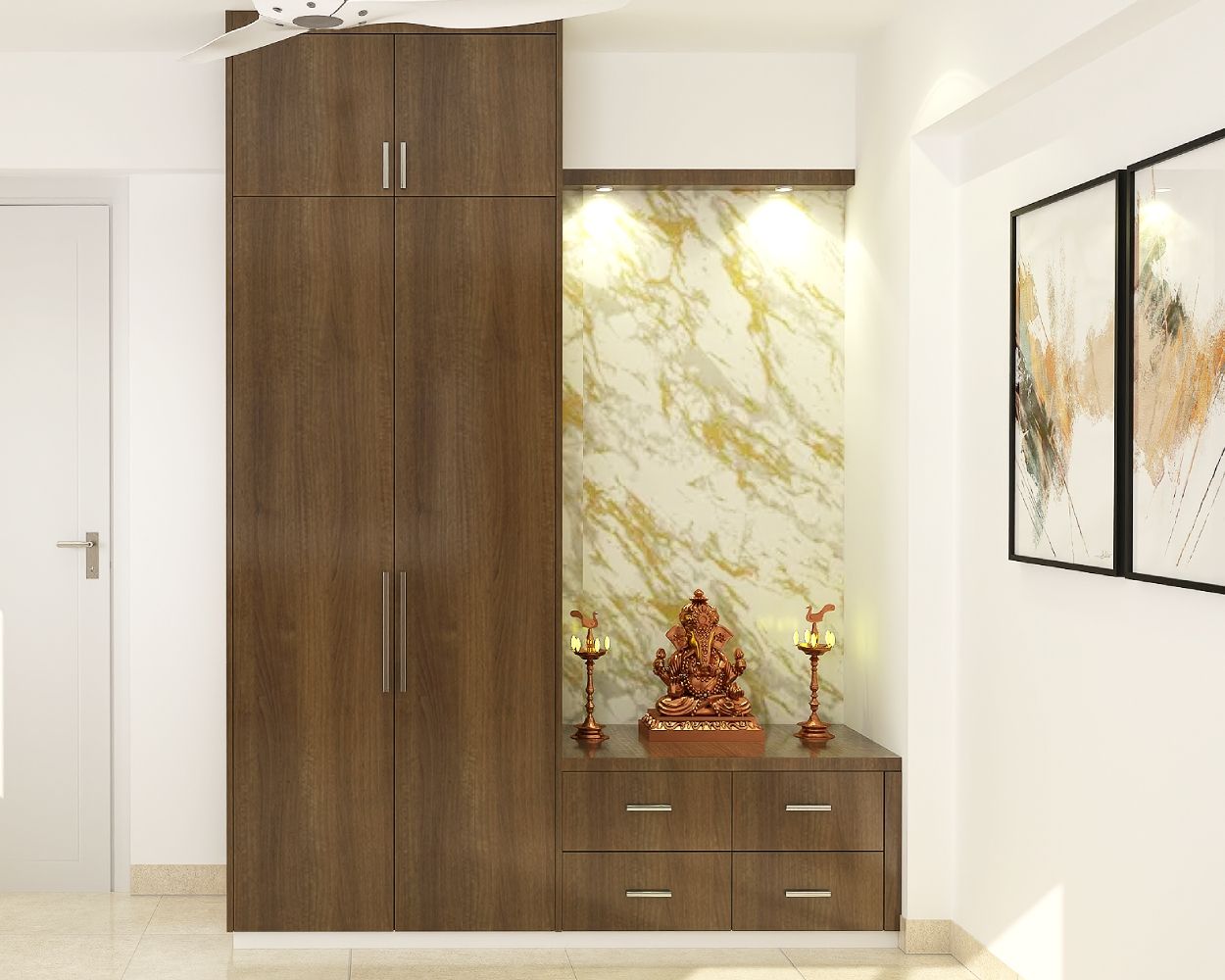 Modern Wooden Mandir Design With Marble Wall Tile