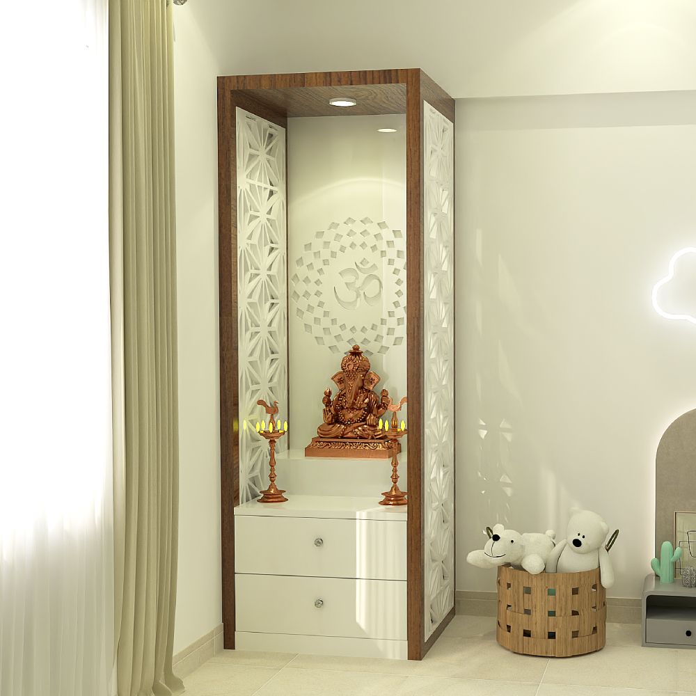 Frosty White Pooja Room Design With CNC Partition | Livspace