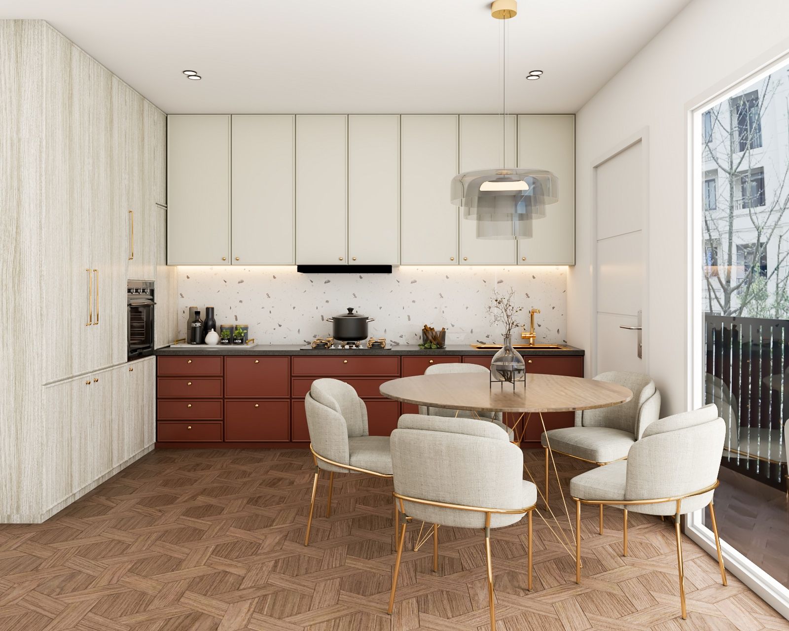 Contemporary Vino Toscano And White L Shape Kitchen Design With Terrazzo Dado Tile