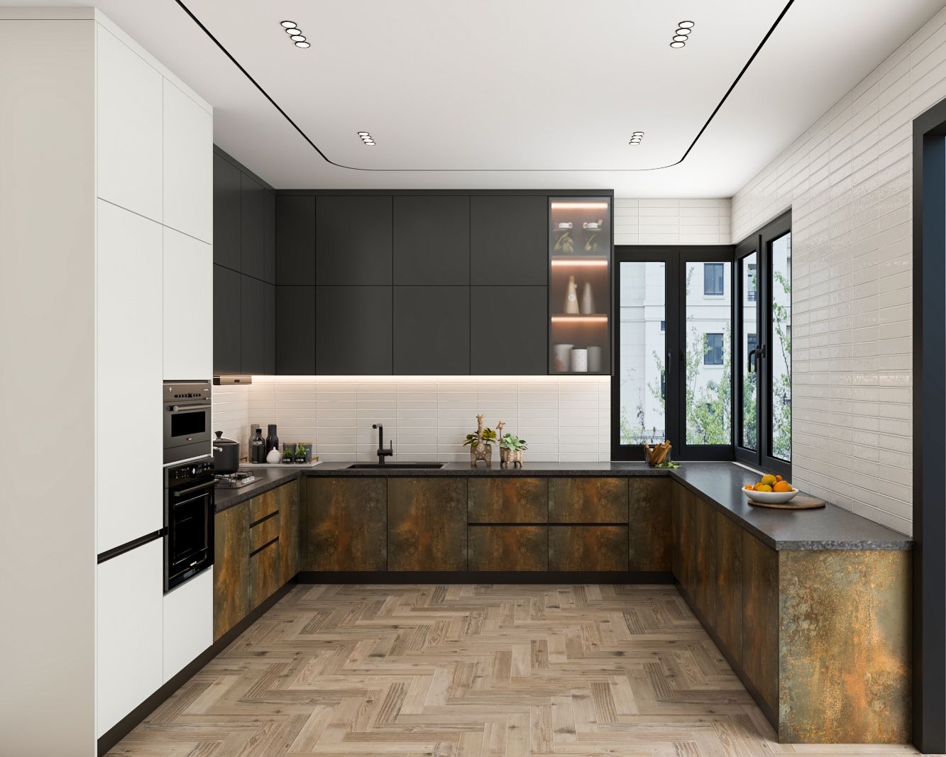 Industrial Black And White U Shaped Kitchen Design With Bronze Patterned Base Unit