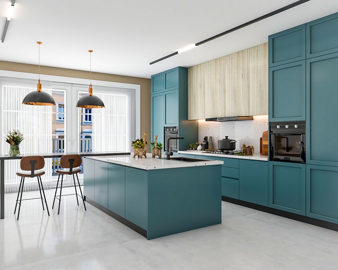 Contemporary Island Kitchen Design With Teal Blue And Wood Cabinets