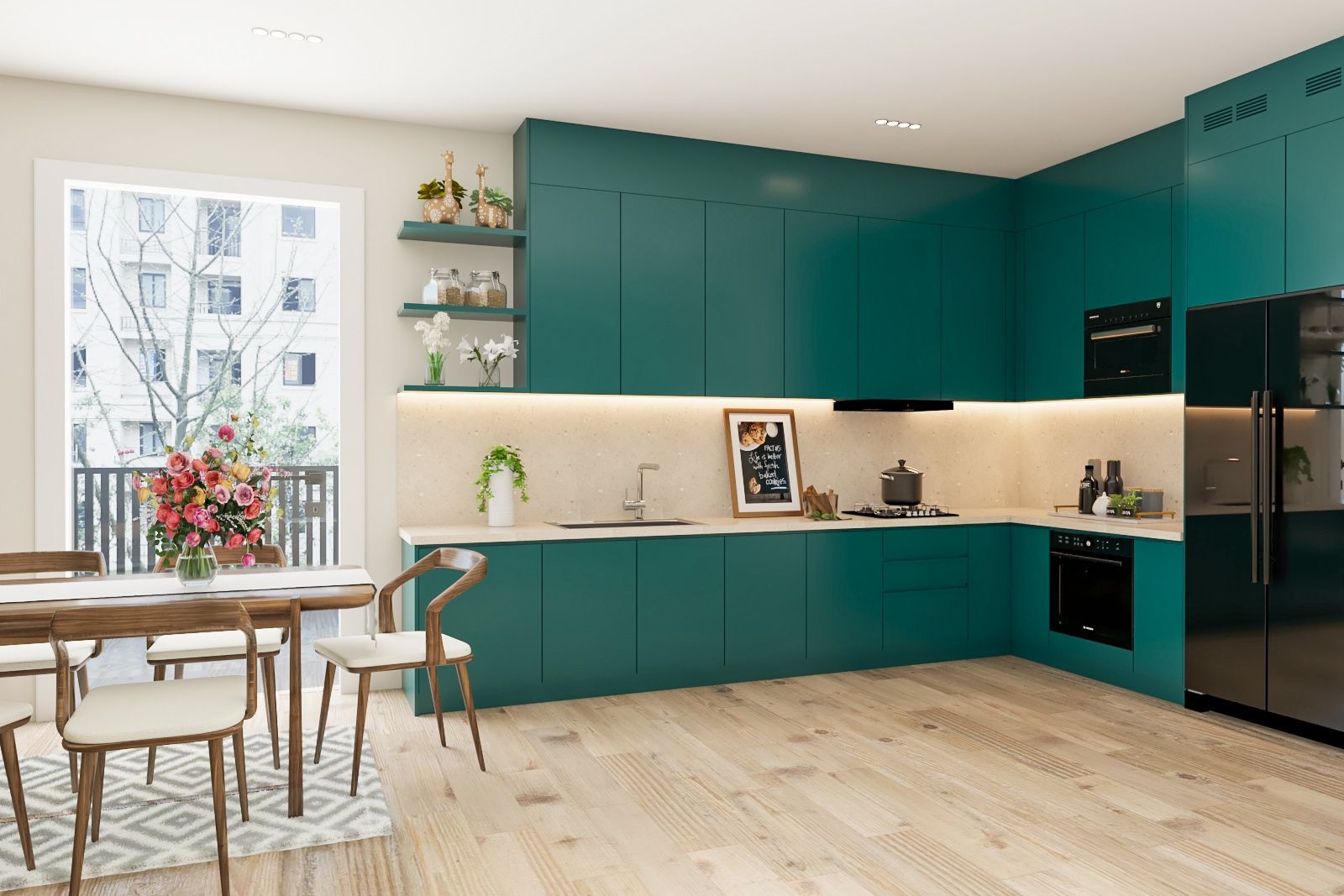 Contemporary L Shaped  Modular Kitchen Design With Green Cabinetry
