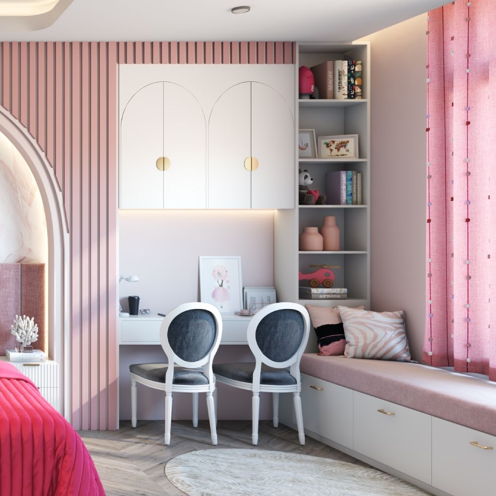 Frosty White Study Room Design With Onion Pink Wall Panels - 9x10 Ft ...