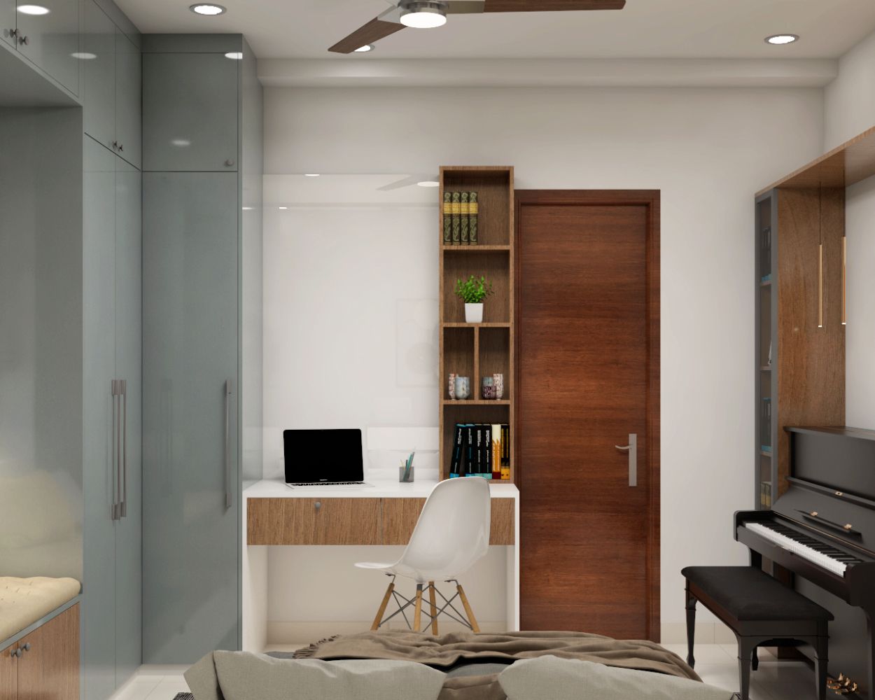Modern Walnut And Frosty White Study Room Design With Armless White Chair