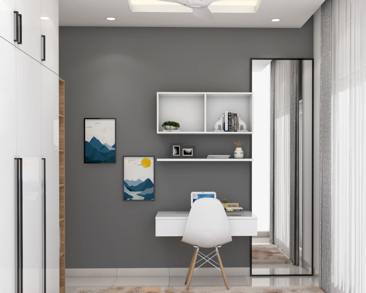 Modern Frosty White Study Room Design With Grey Painted Wall