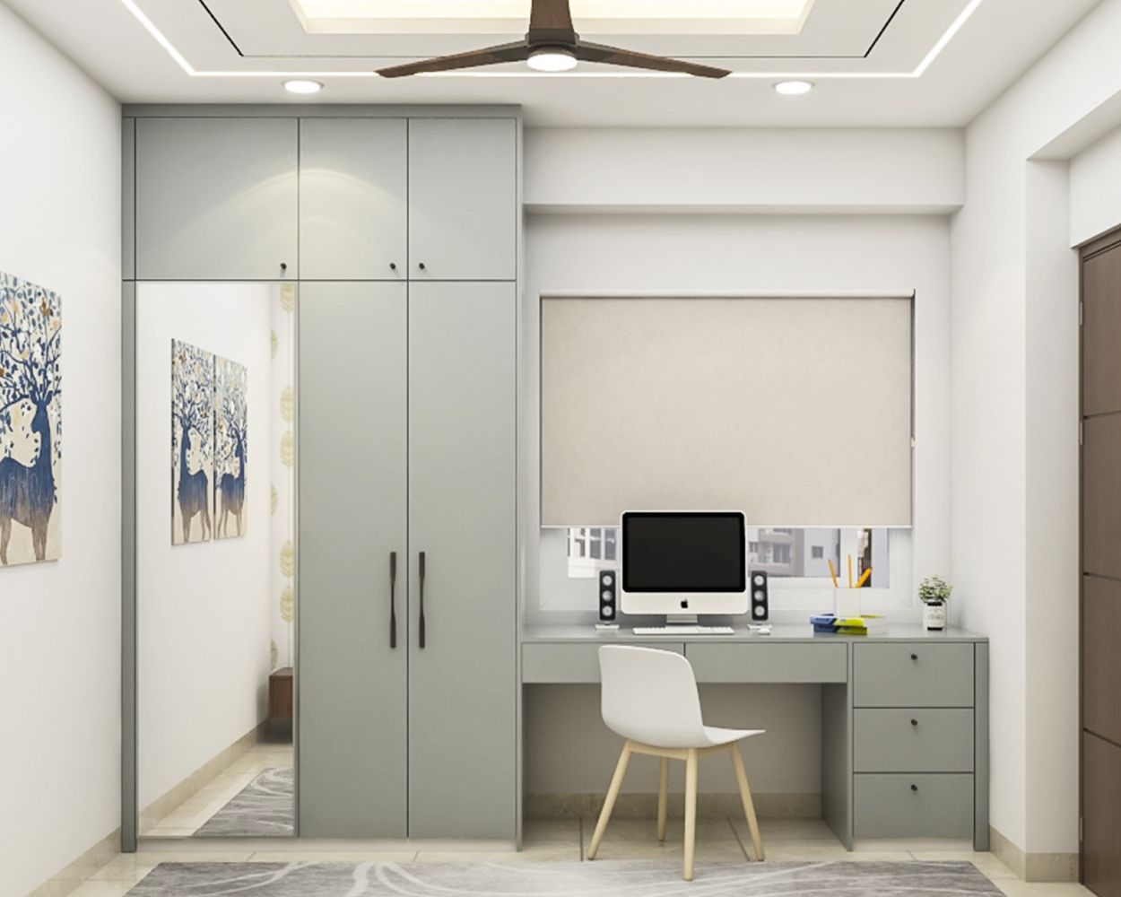 Mid-Century Modern Dove Grey Study Room Design With A White Chair