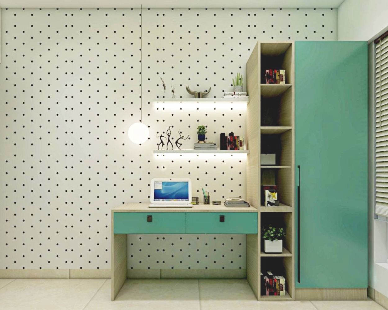 Modern Wood And Aqua Green Study Room Design With Polka Dot Wallpaper