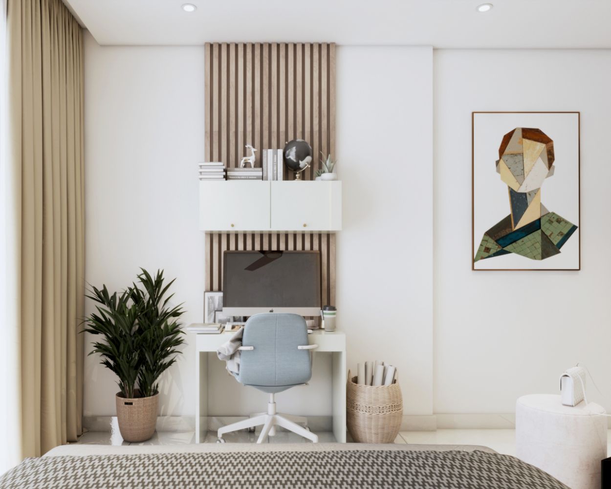 Modern Frosty White Study Room Design With Light Blue Swivel Chair
