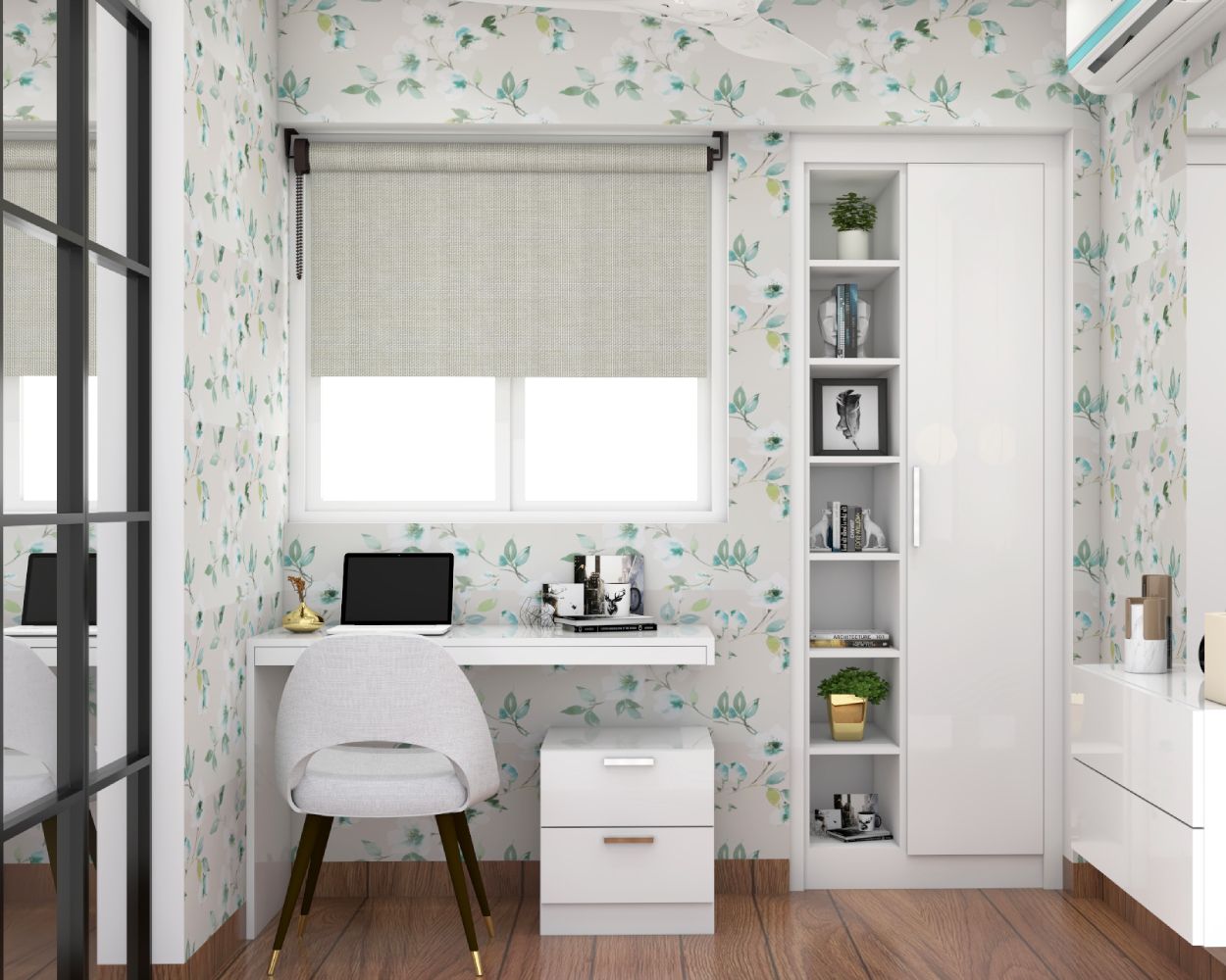 Modern Frosty White Study Room Design With Open And Closed Storage Unit