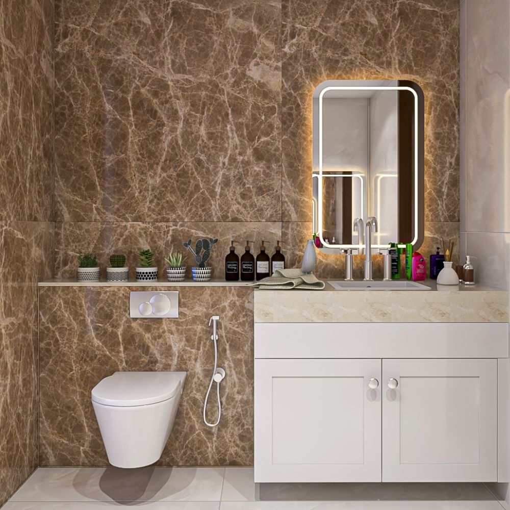 Contemporary Marble Glossy Bathroom Tile Design In Brown