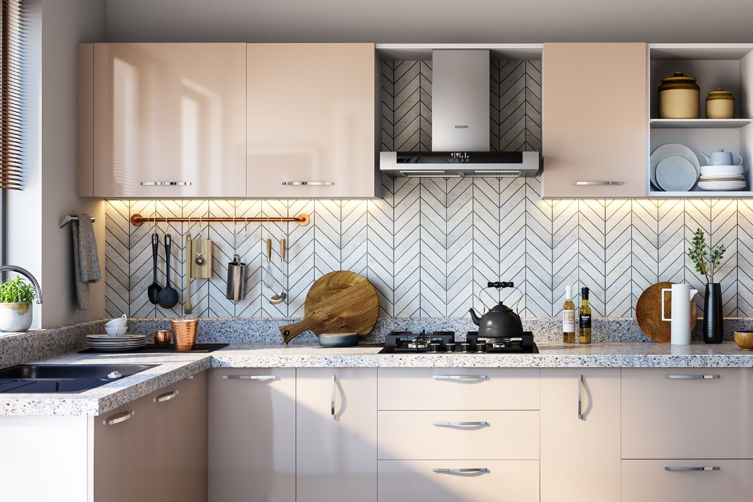 Modern Herringbone Ceramic Kitchen Tile Design In Grey And White