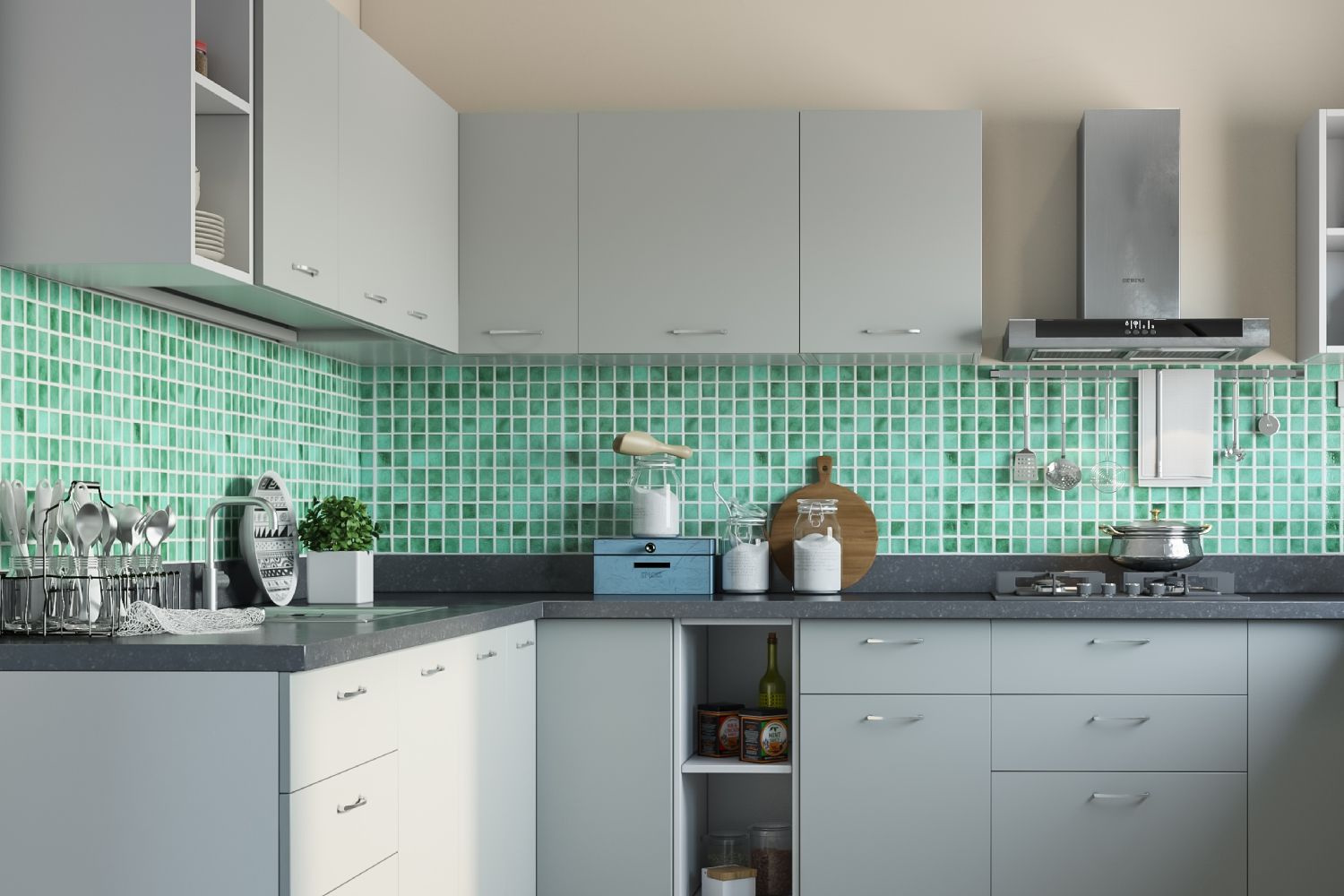 Modern Matte Green-Tone Mosaic Kitchen Tile Design