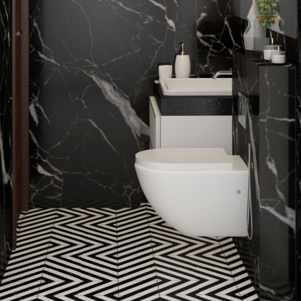 Contemporary Ceramic Matte Black And White Bathroom Tile Design