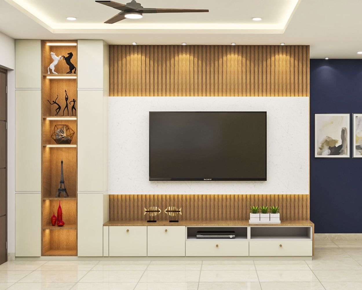 Modern TV Unit Design With White Panel And Wooden Grooves
