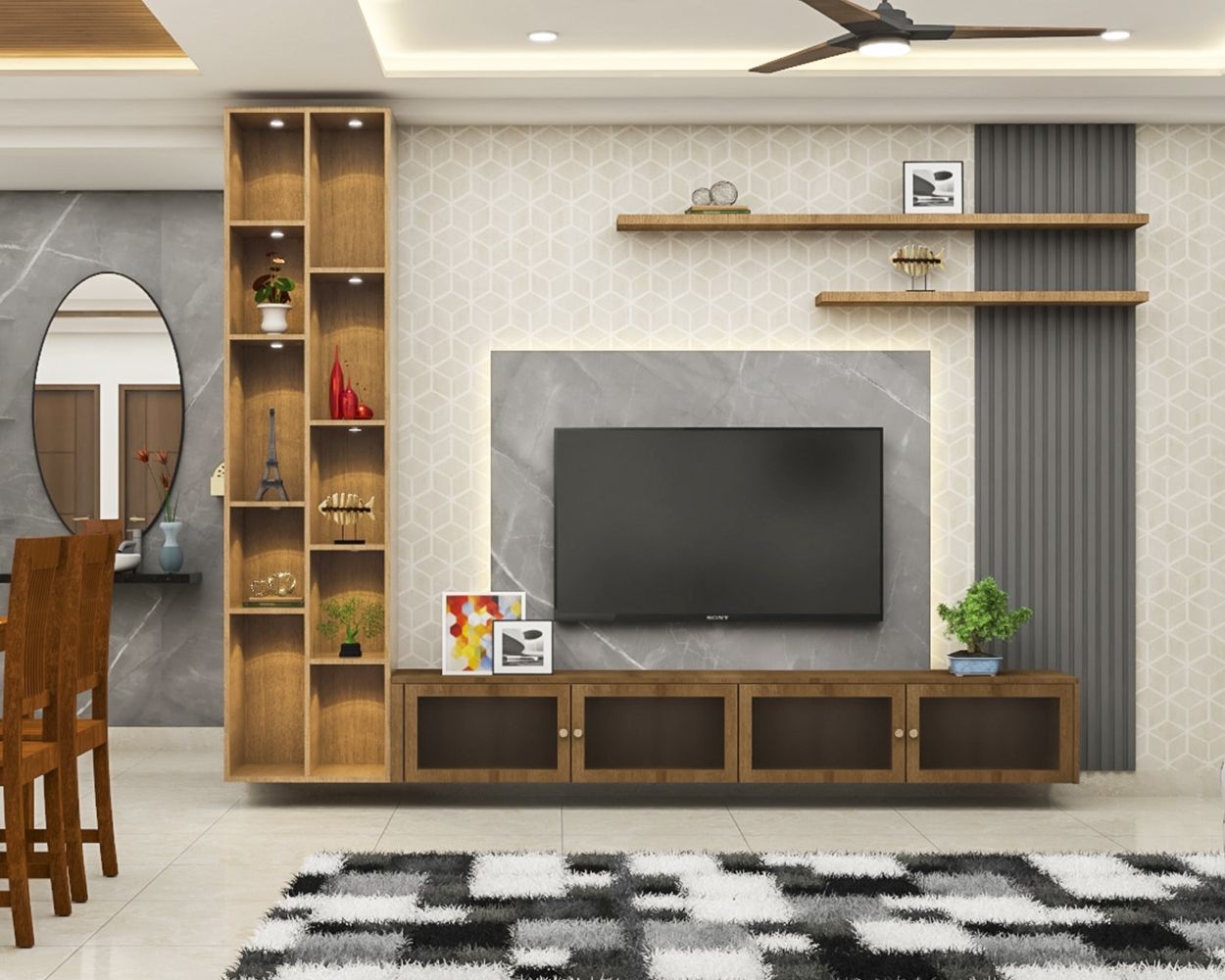Modern Wall-Mounted Wood And Grey TV Unit Design