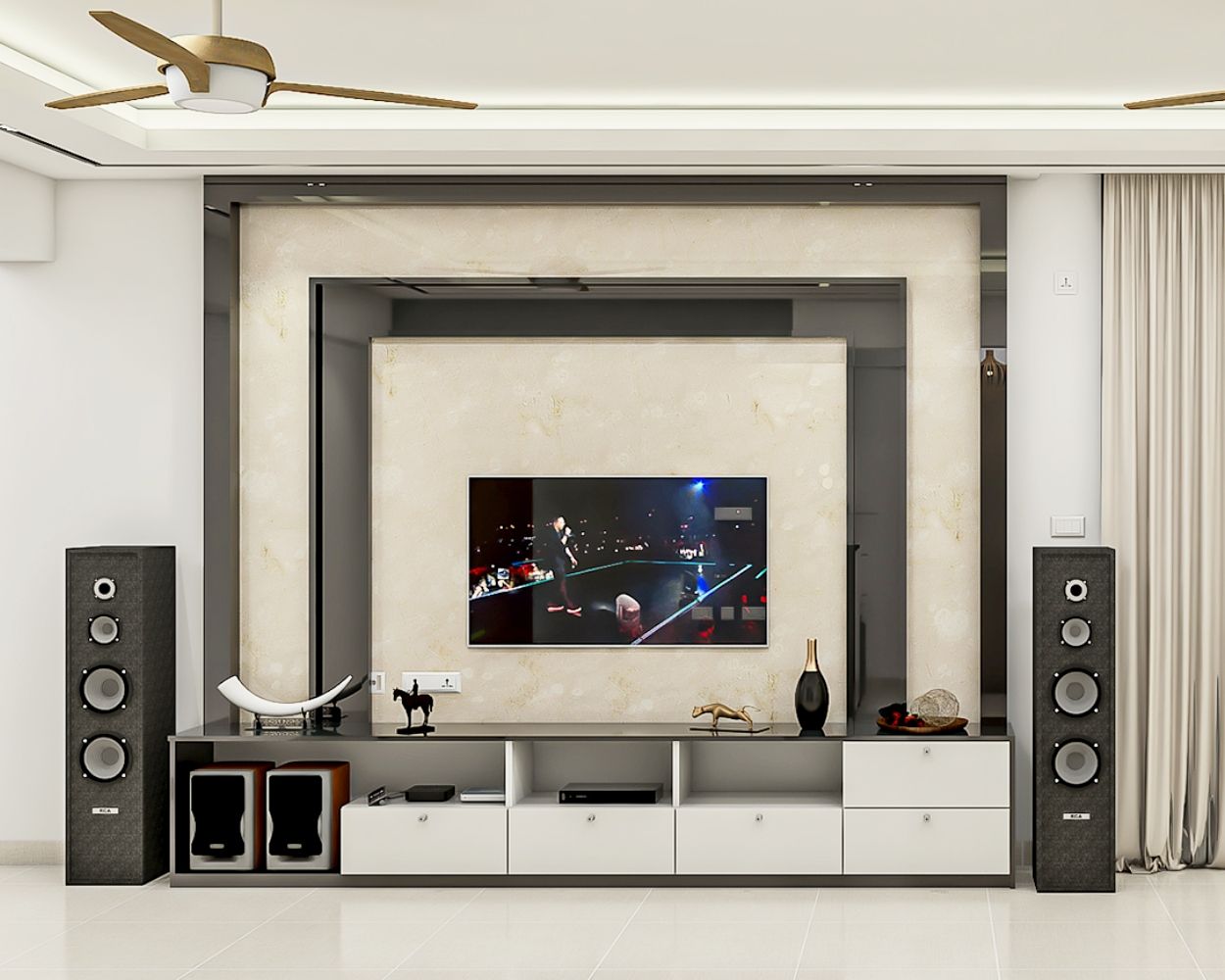 Modern TV Unit Design With Beige And Black Wall Tile