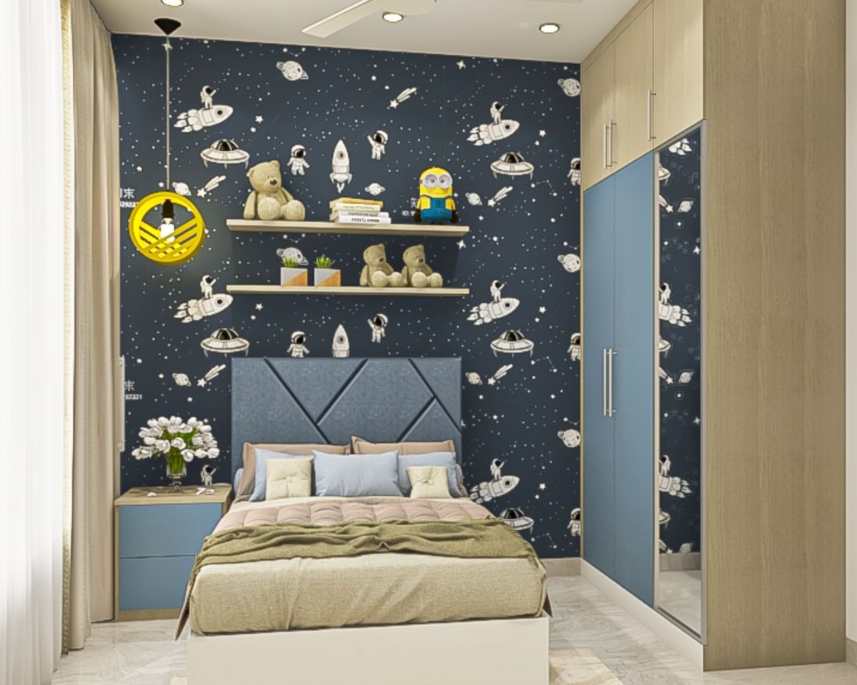Modern Dark Blue And White Space-Themed Bedroom Wallpaper Design