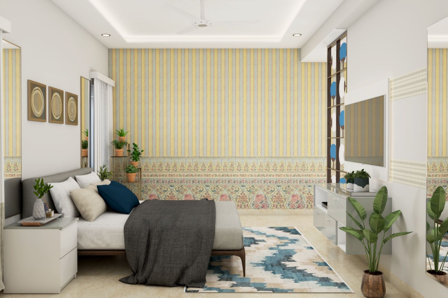 Modern Multicoloured Striped Floral Bedroom Wallpaper Design