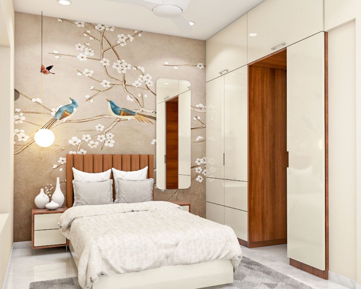Modern Multicoloured Floral And Bird-Themed Bedroom Wallpaper Design