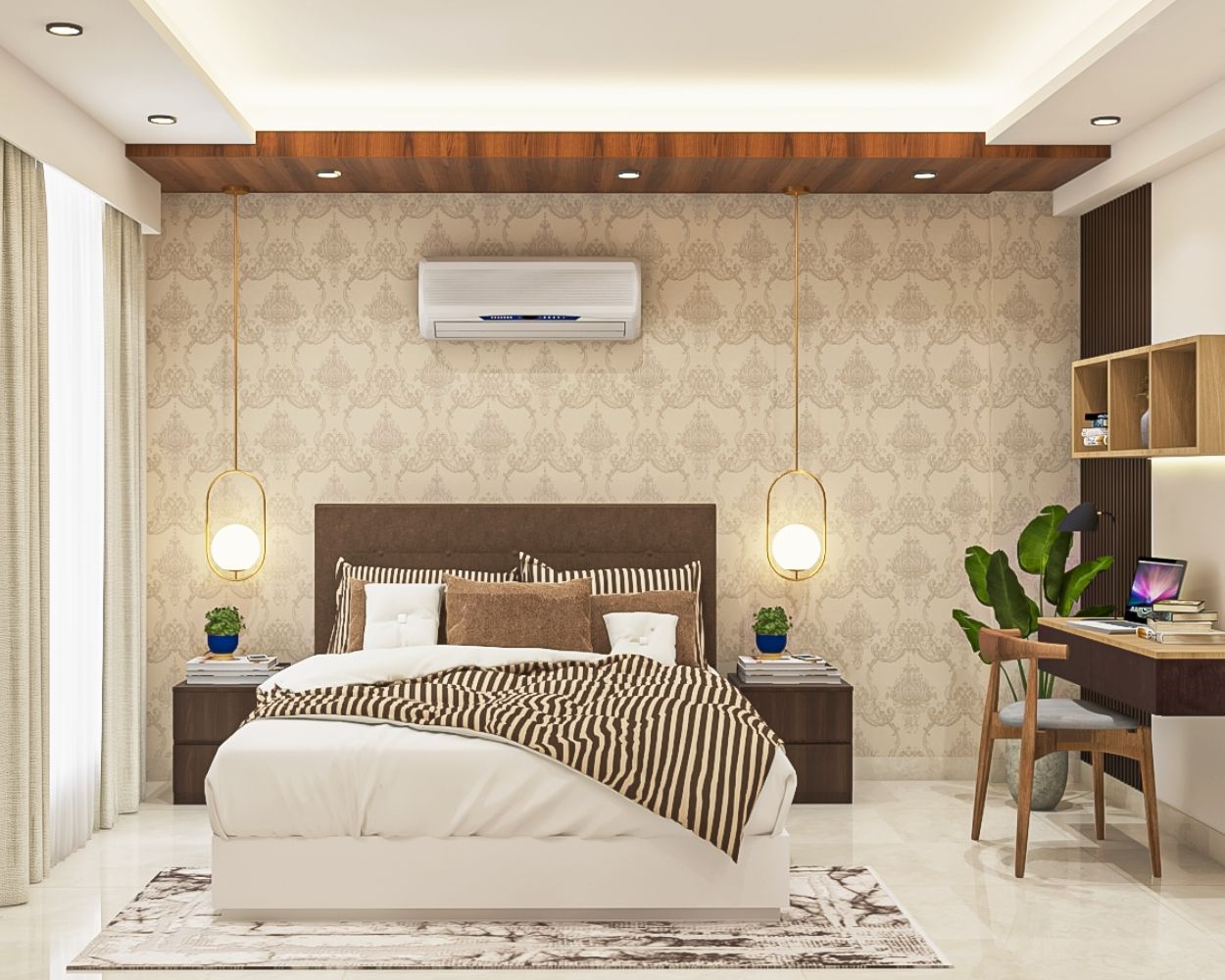 Modern Light Coffee Brown Damask Bedroom Wallpaper Design