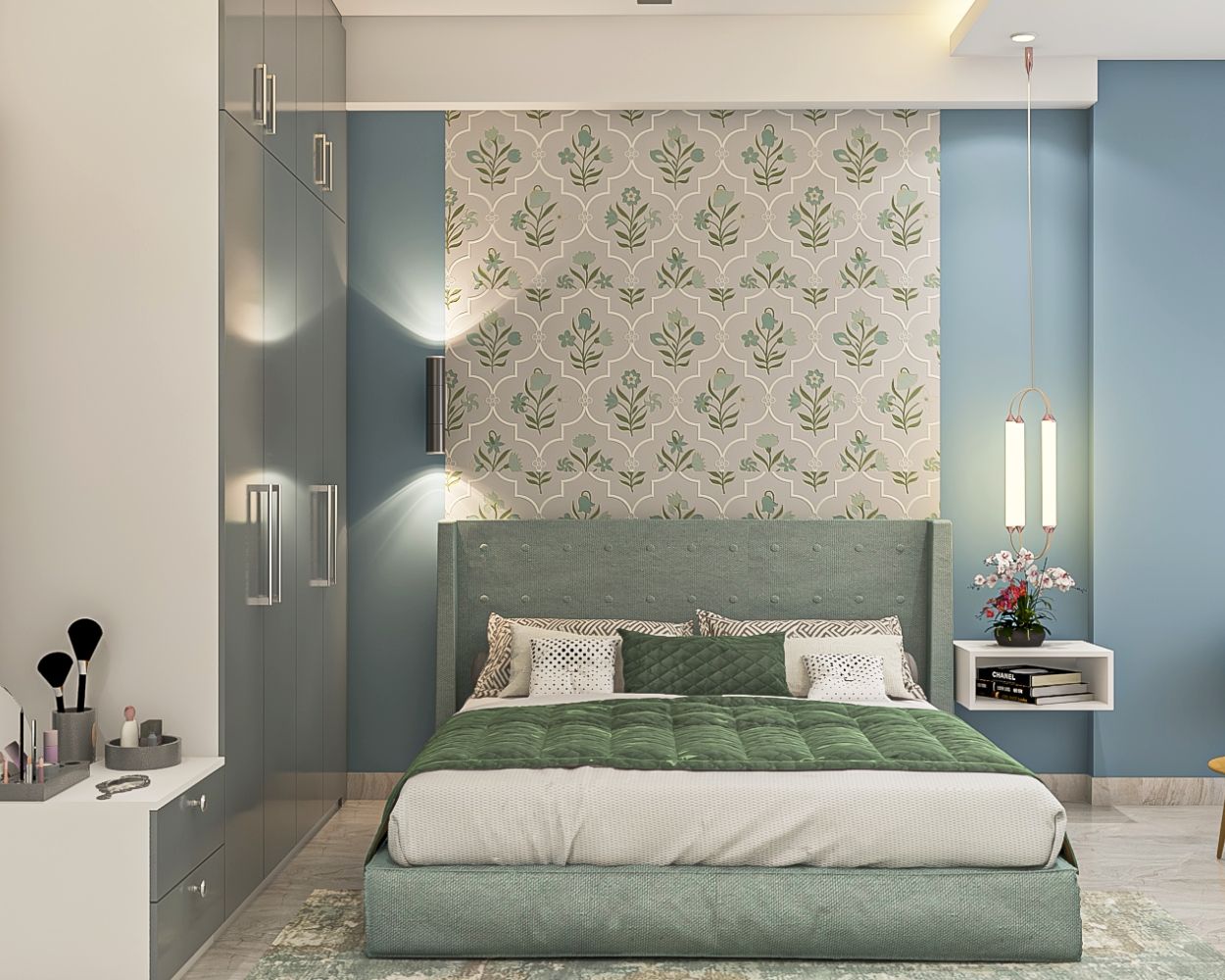 Modern Grey And Green Leaf-Themed Bedroom Wallpaper Design