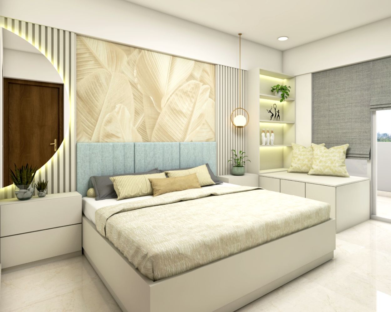 Modern Beige Leafy Bedroom Wallpaper Design