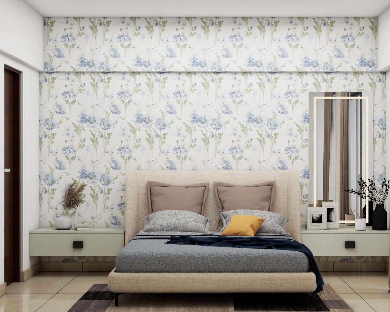 Modern White And Blue Floral Bedroom Wallpaper Design