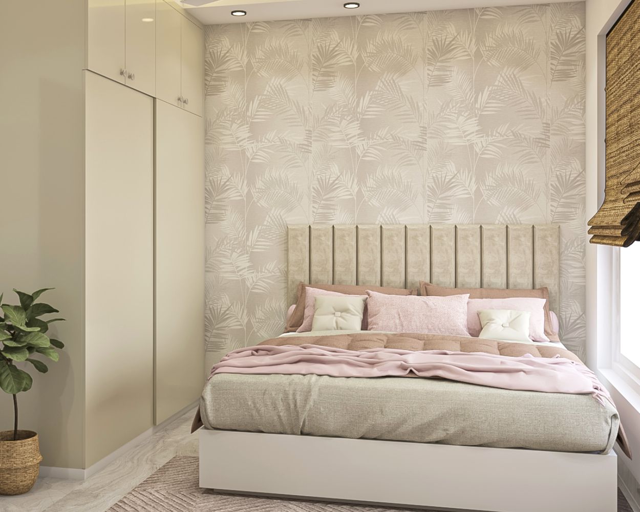 Modern Grey And White Leafy Bedroom Wallpaper Design