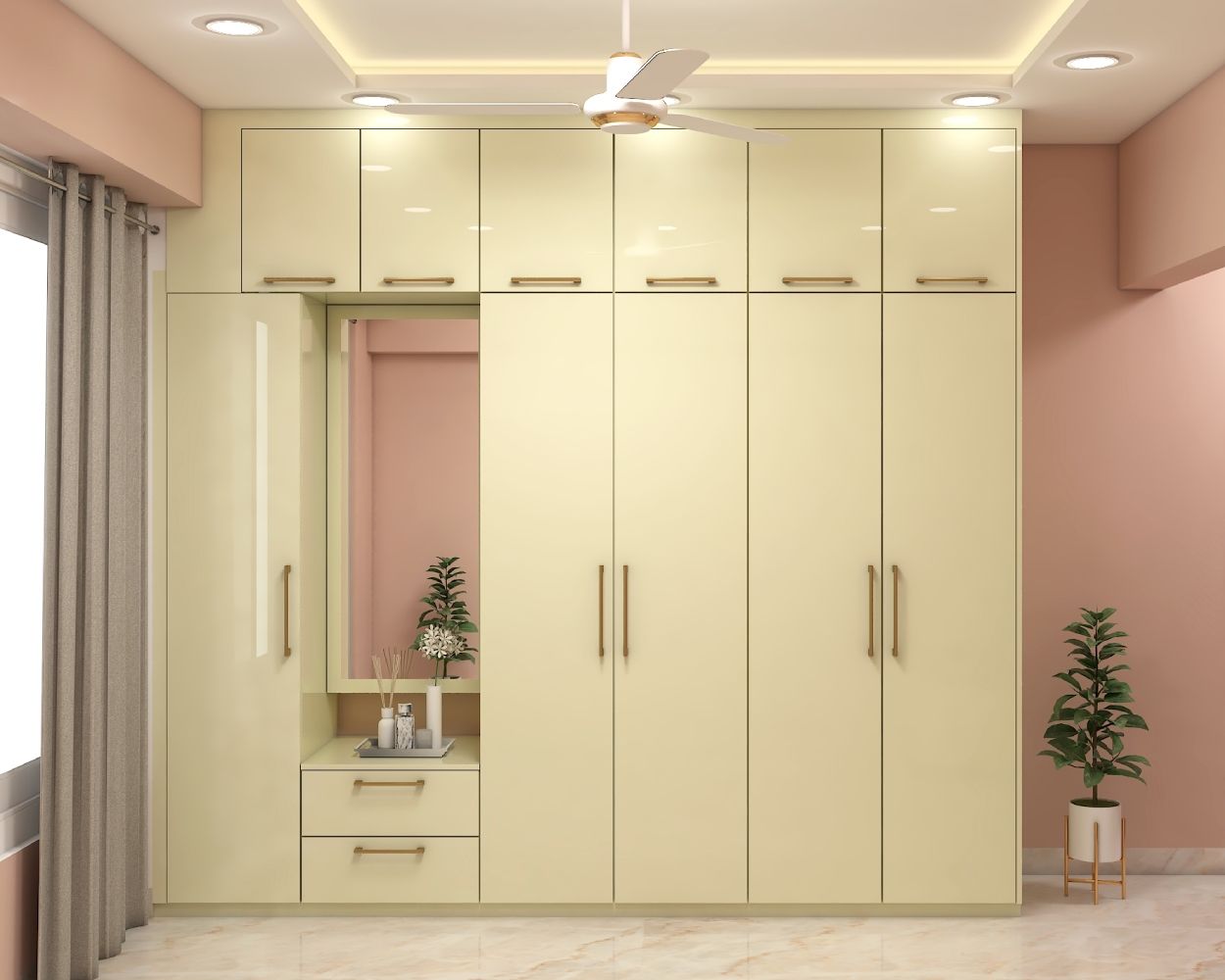 Modern 5-Door Swing Wardrobe Design With Mirror In Cream Tones