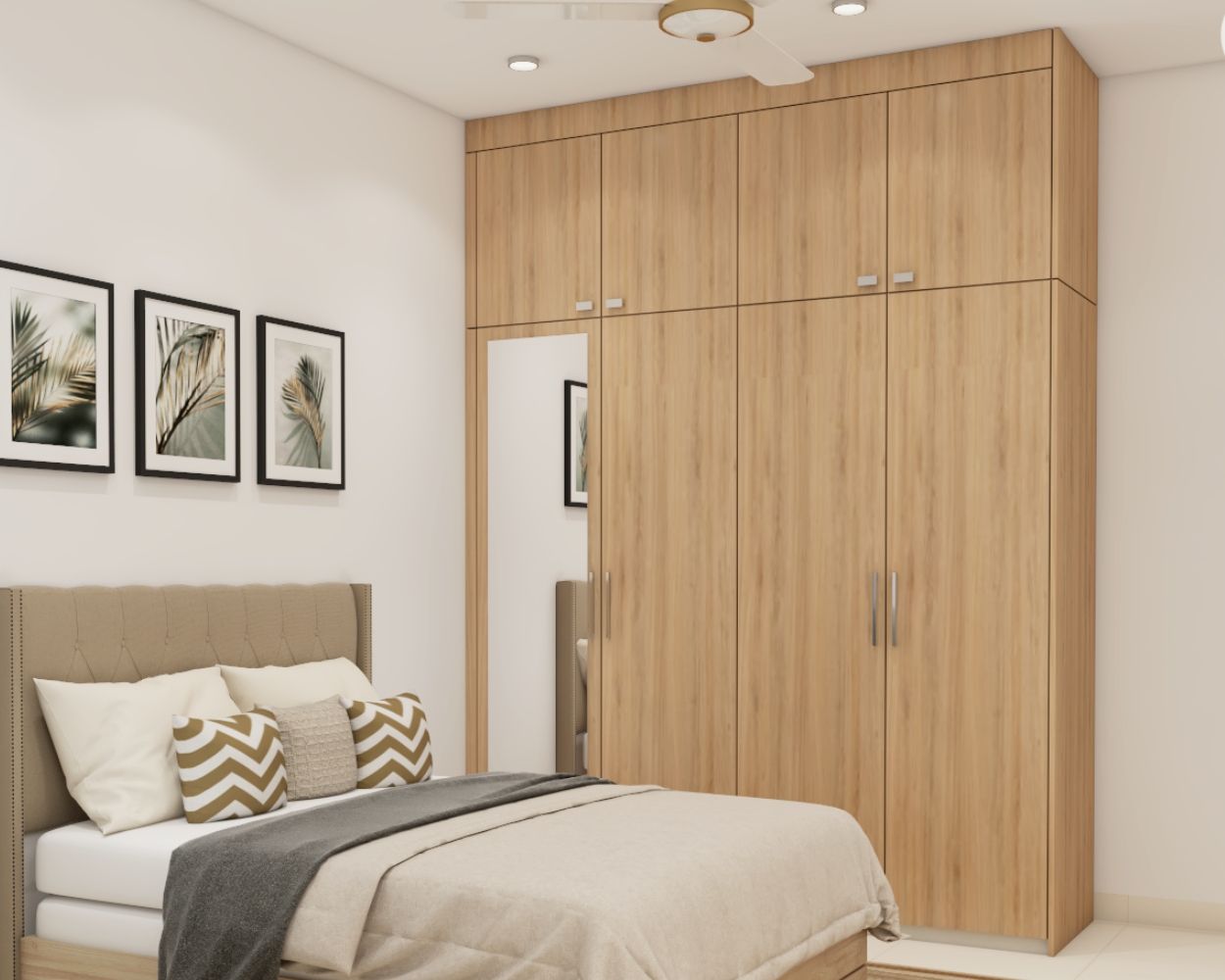 Modern Light Wood 4-Door Swing Wardrobe Design With Mirror