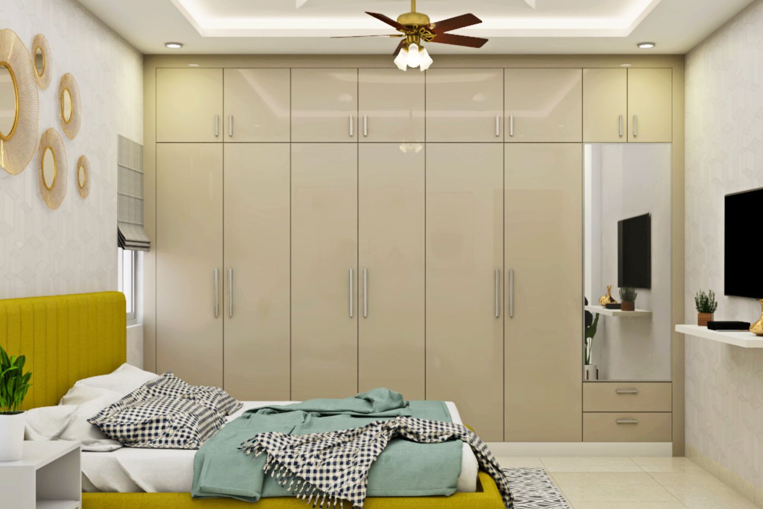 Modern 6-Door Pearl White Swing Wardrobe Design With Mirror