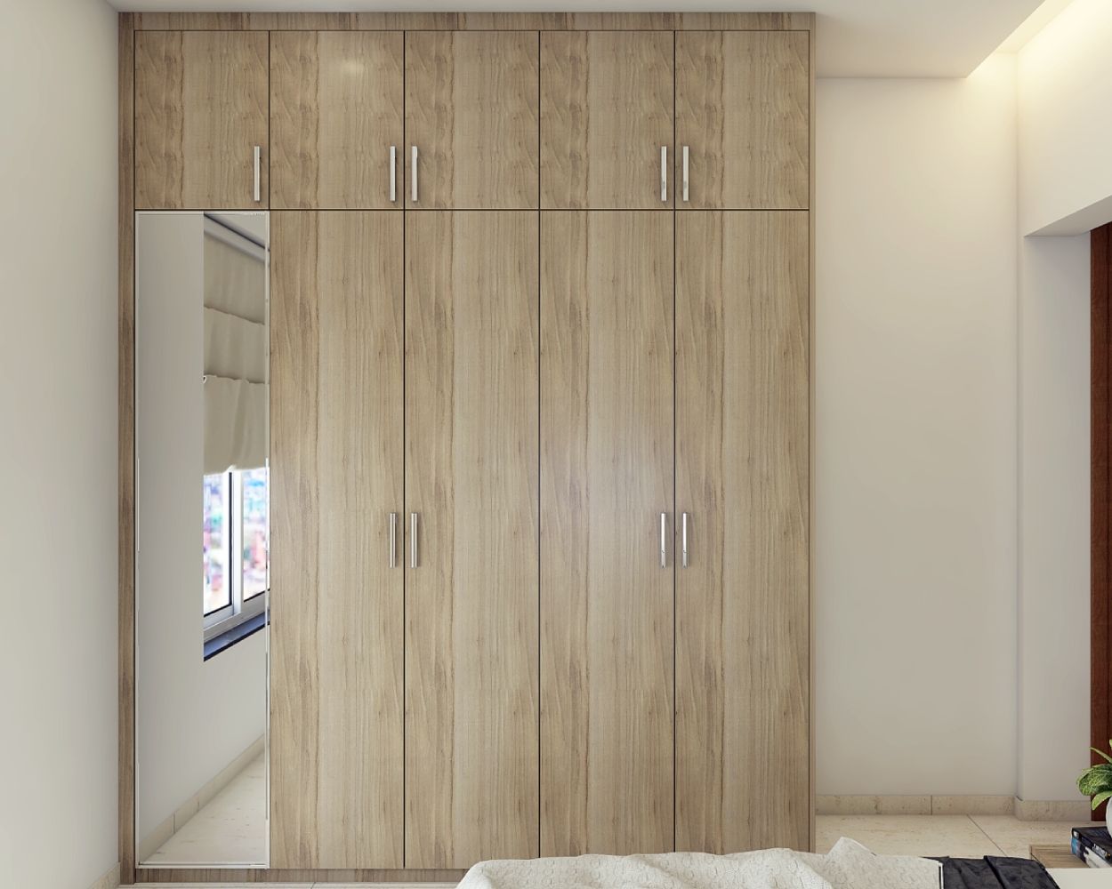 Modern Wooden 4-Door Swing Wardrobe Design With Mirror