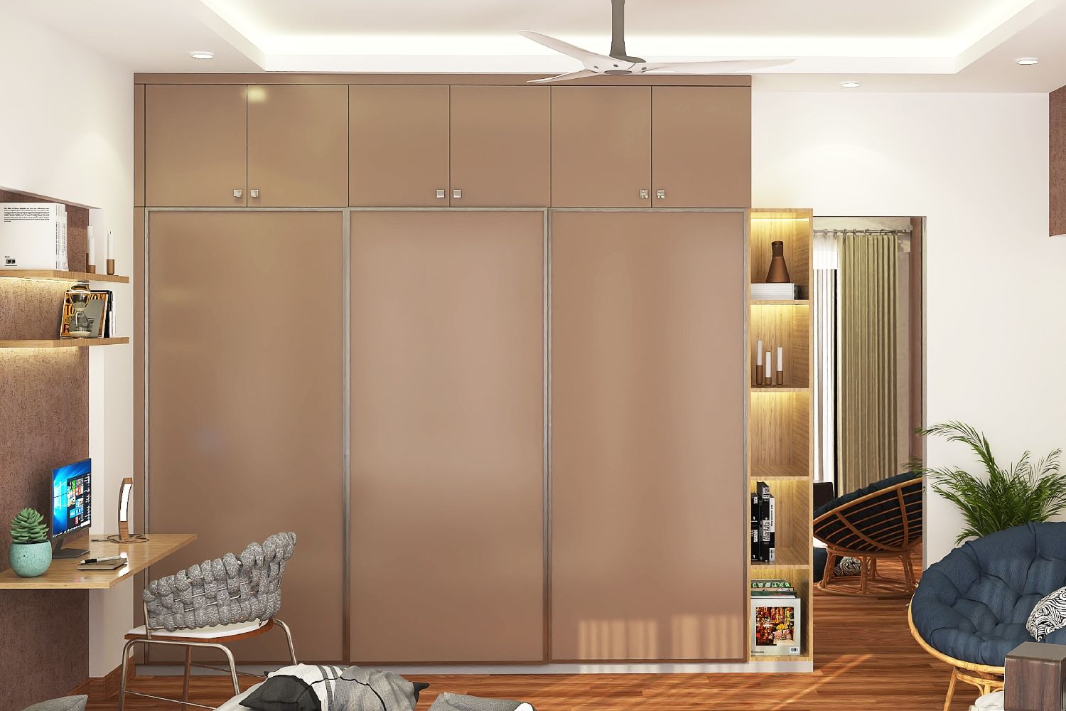 Contemporary Tan 3-Door Semi-Glossy Sliding Wardrobe Design