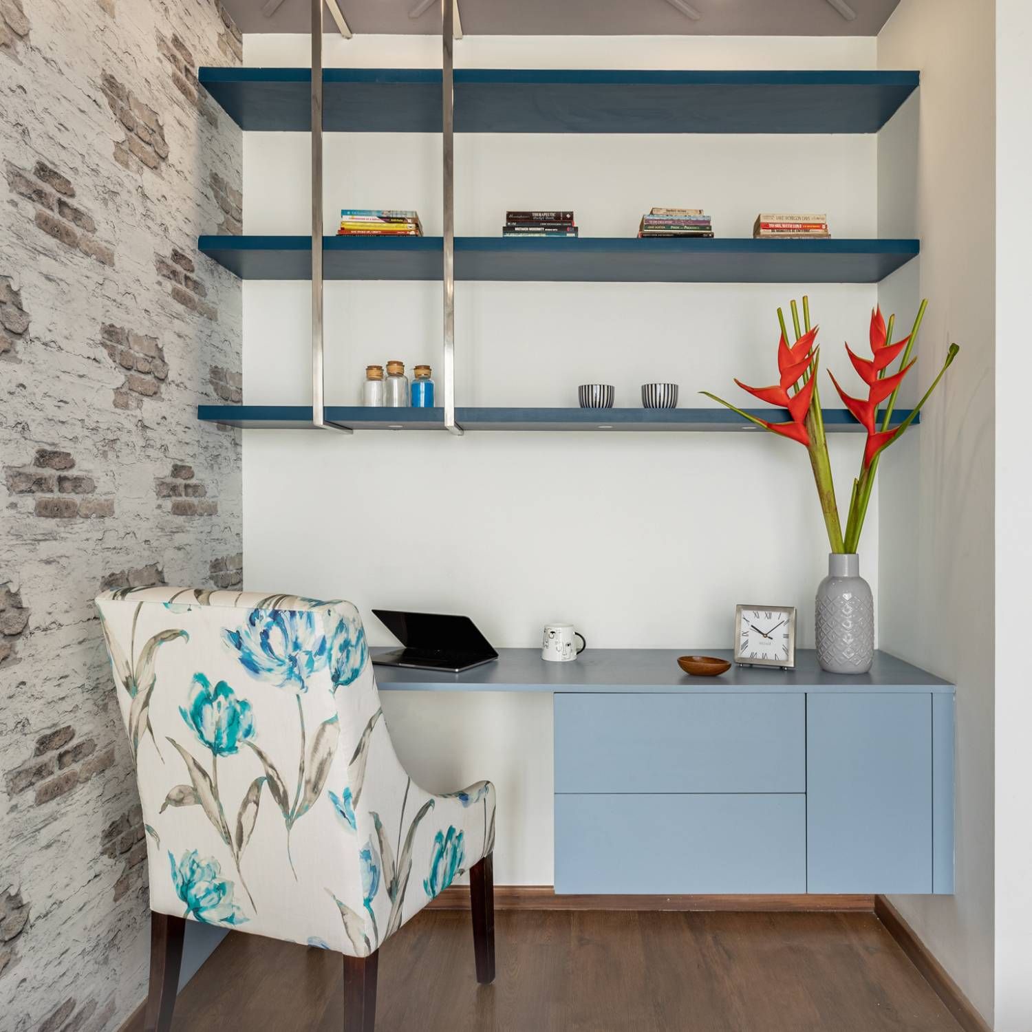 Modern Study Room Design With Dark Blue Open Wall Shelves
