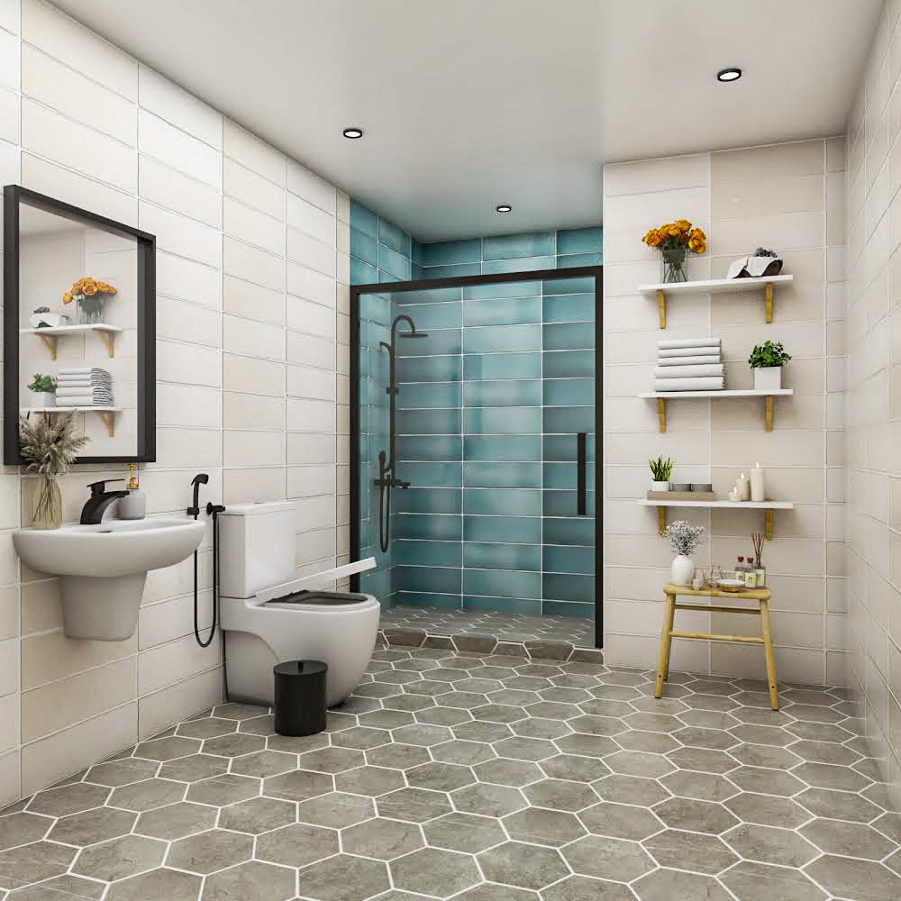 Small Bathroom Design With Hexagonal Grey Flooring | Livspace