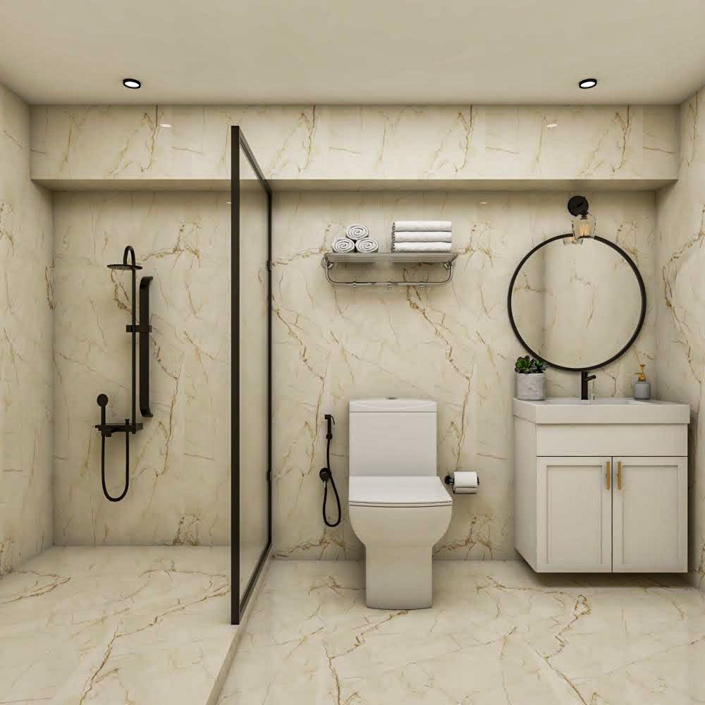 Classic Off-White Marble Small Bathroom Design With Partition