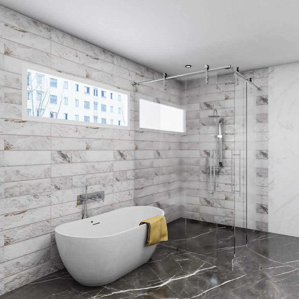 Classic White And Grey Minimal Bathroom Design With Rectangular Tiles