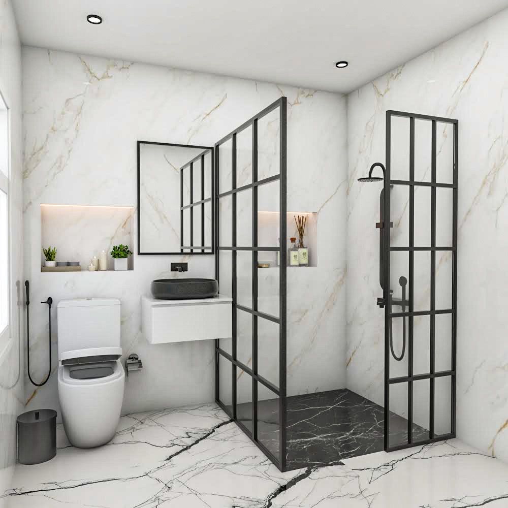 Minimalistic Bathroom Design With Black Grid Partition