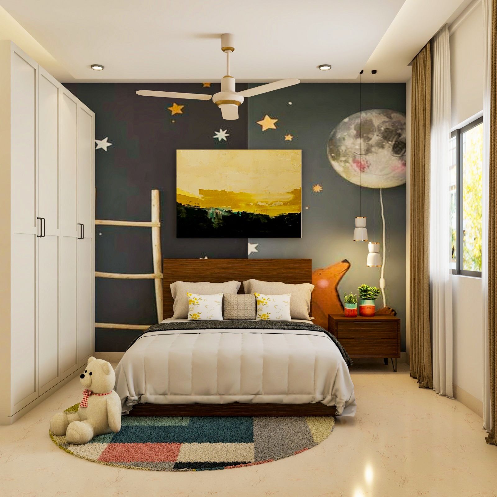 Modern Kids Room Design With A Wooden Queen Size Bed And Swing Wardrobe