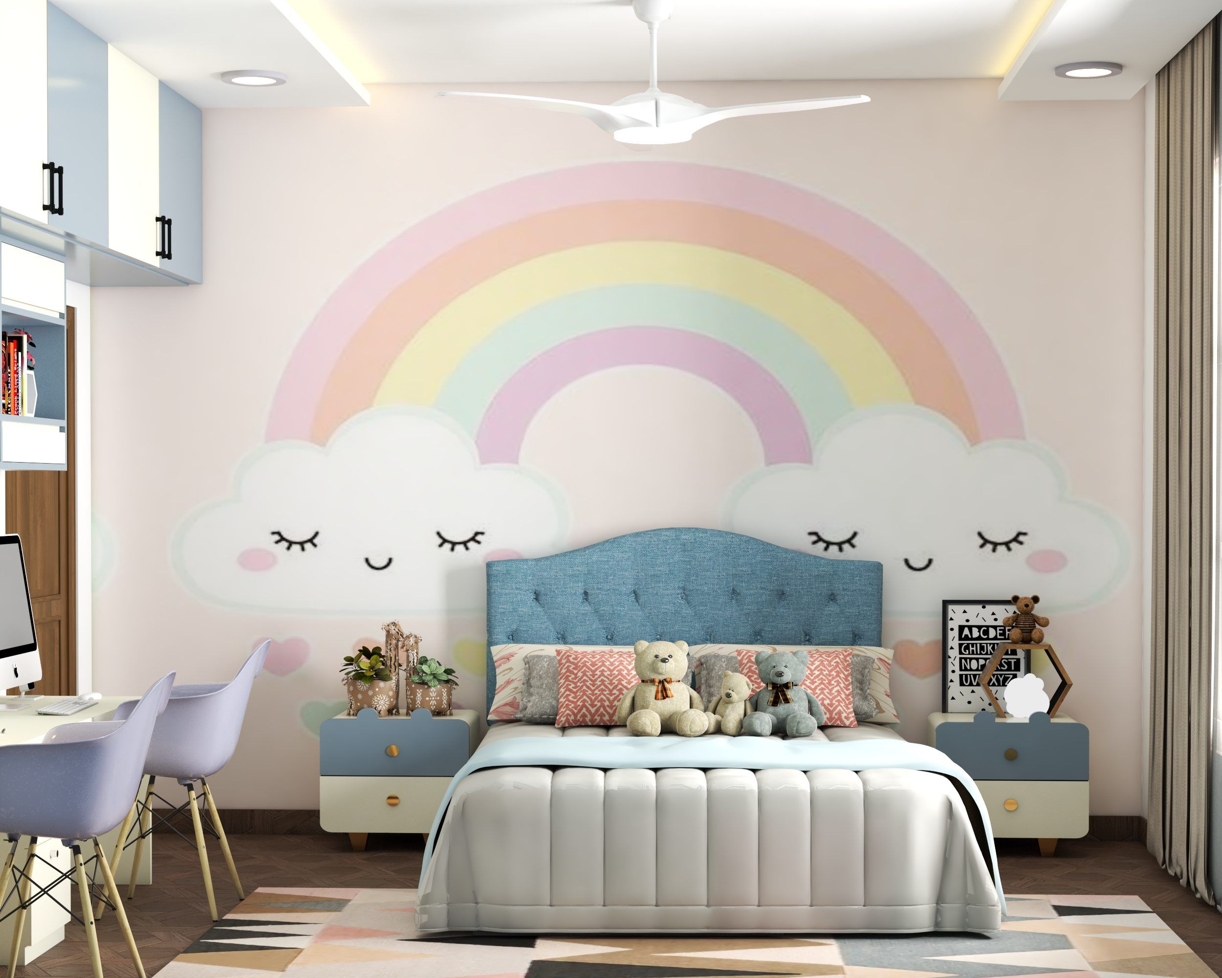 Minimal Kids Room With A Queen Size Bed And A Rainbow-Themed Wallpaper