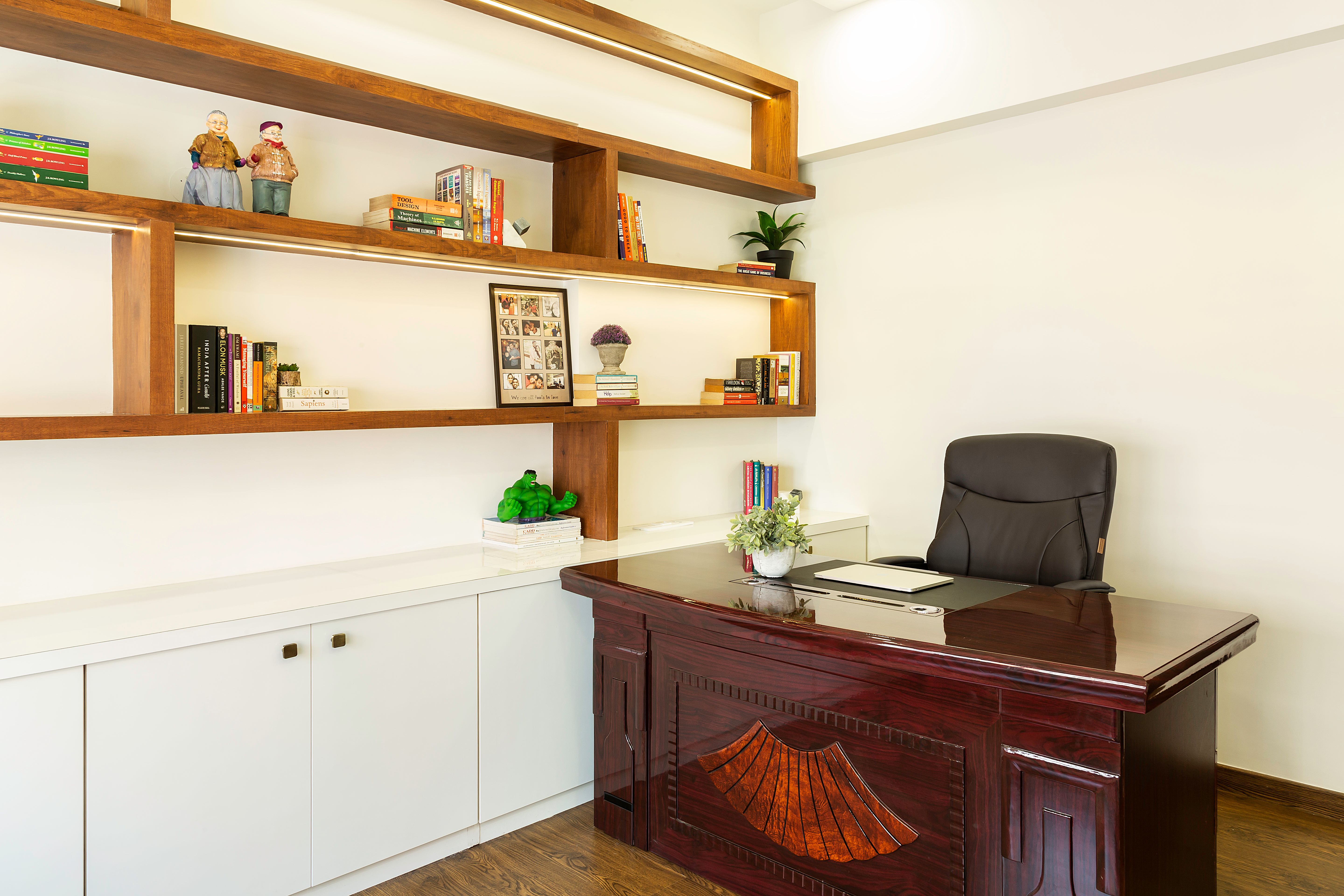 Spacious Home Office Design With Wooden Shelves Livspace 8295