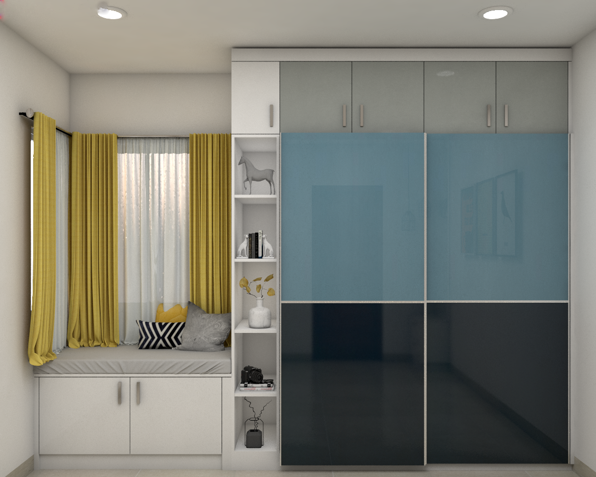 Modern Two Toned Sliding Wardrobe Design With Bay Seater Livspace