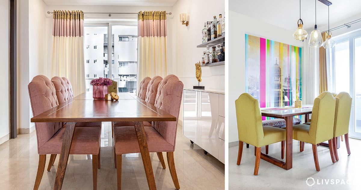 dining-room-decoration-with-pink-and-yellow-chairs-accent-wall-bar-unit