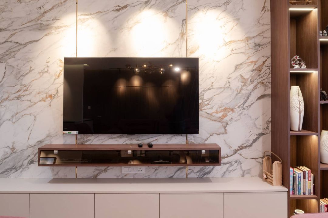 Modern Walnut and White TV Unit Design with Open Tall Units and Closed ...